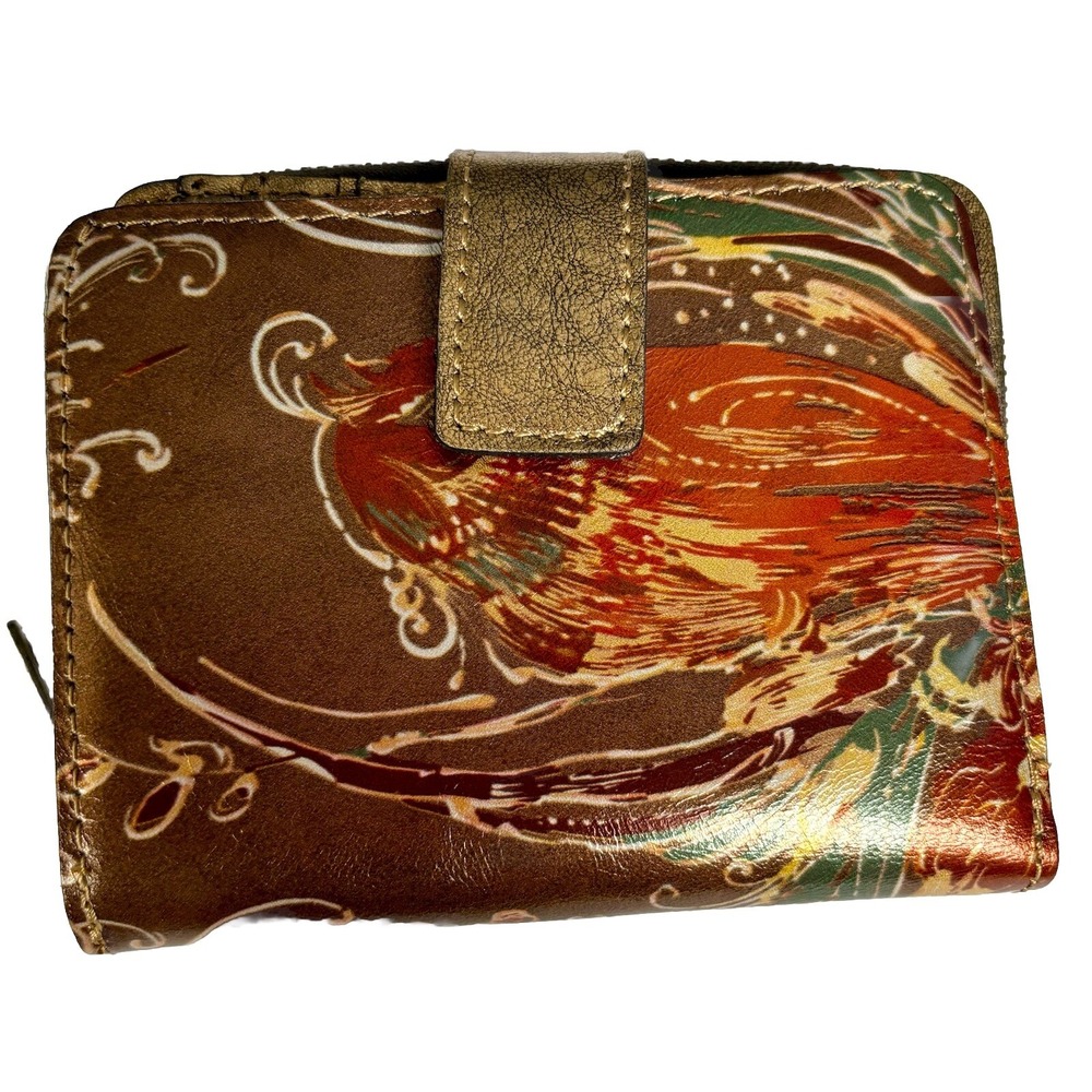 Patricia Nash Gialla Leather Bifold Wallet with RFID -Antique Bronze Floral Bird